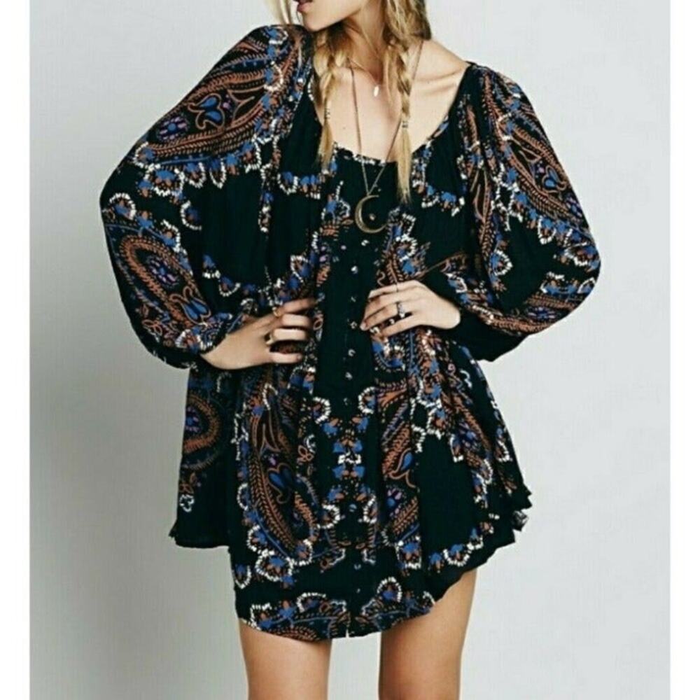 Free People Black Paisley Button-Front Long Sleeve Mini Dress
